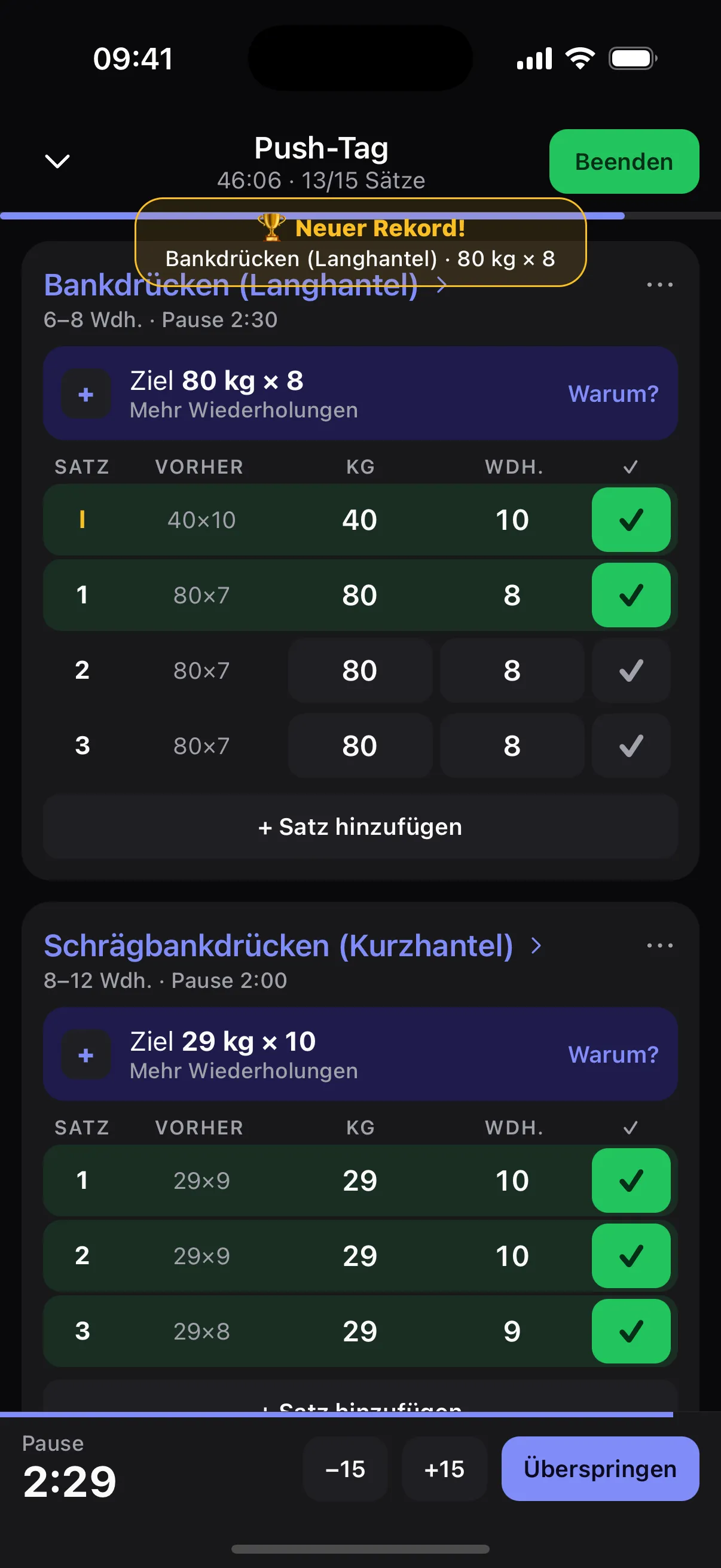 Live-Training: Satztabelle und Pausen-Timer