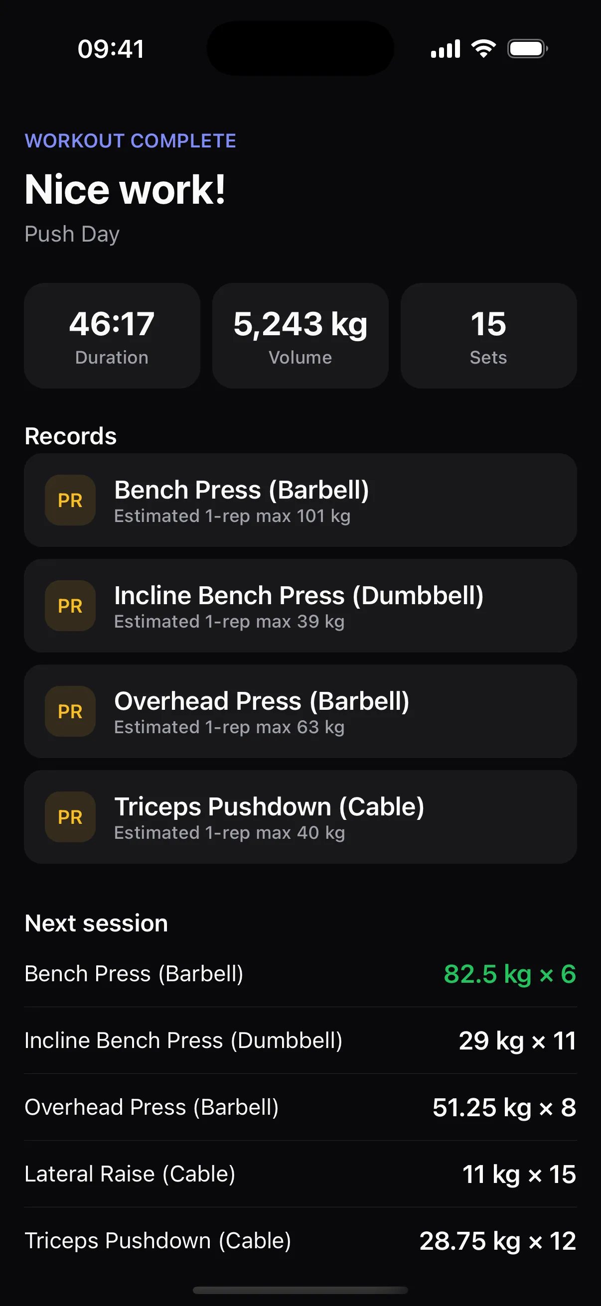 Workout summary and new records