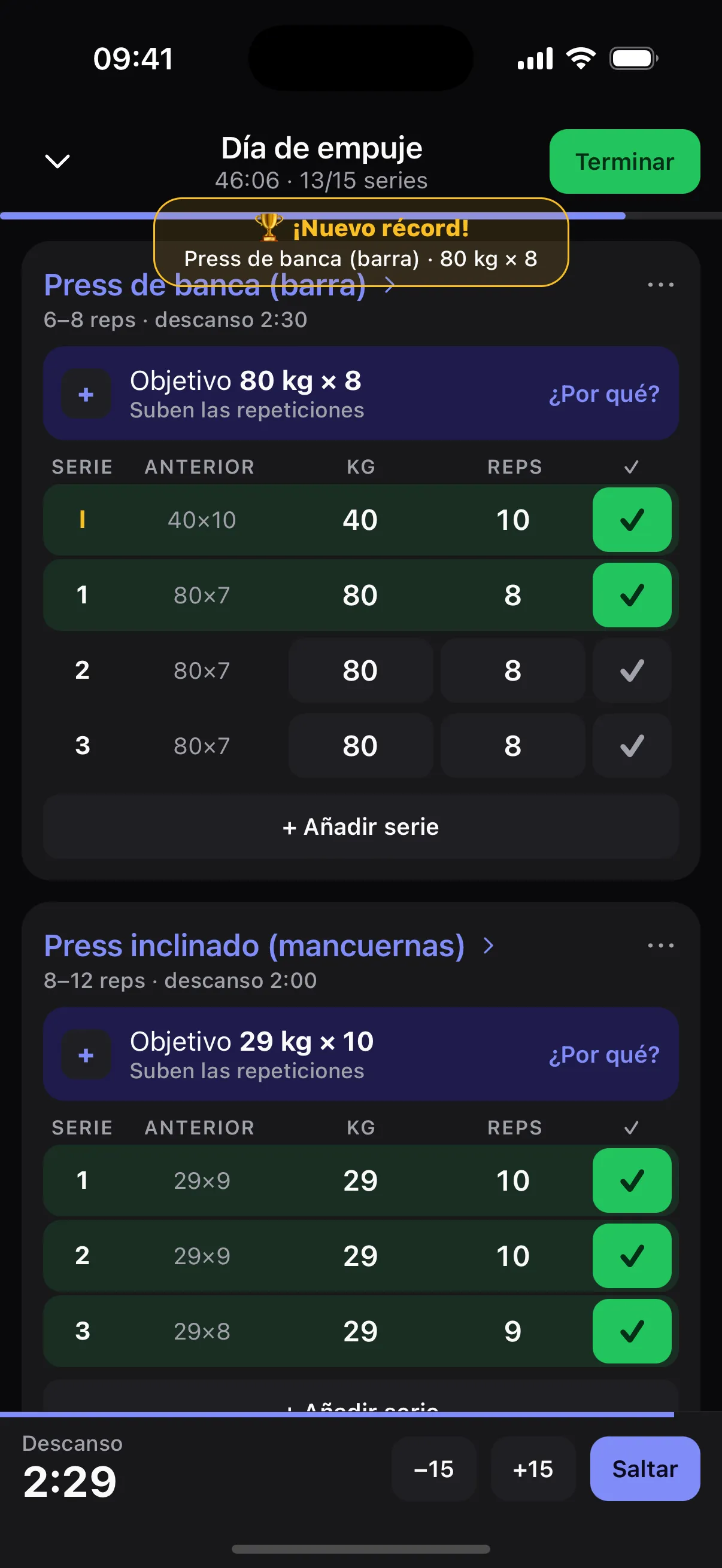 Entrenamiento en vivo: tabla de series y temporizador de descanso